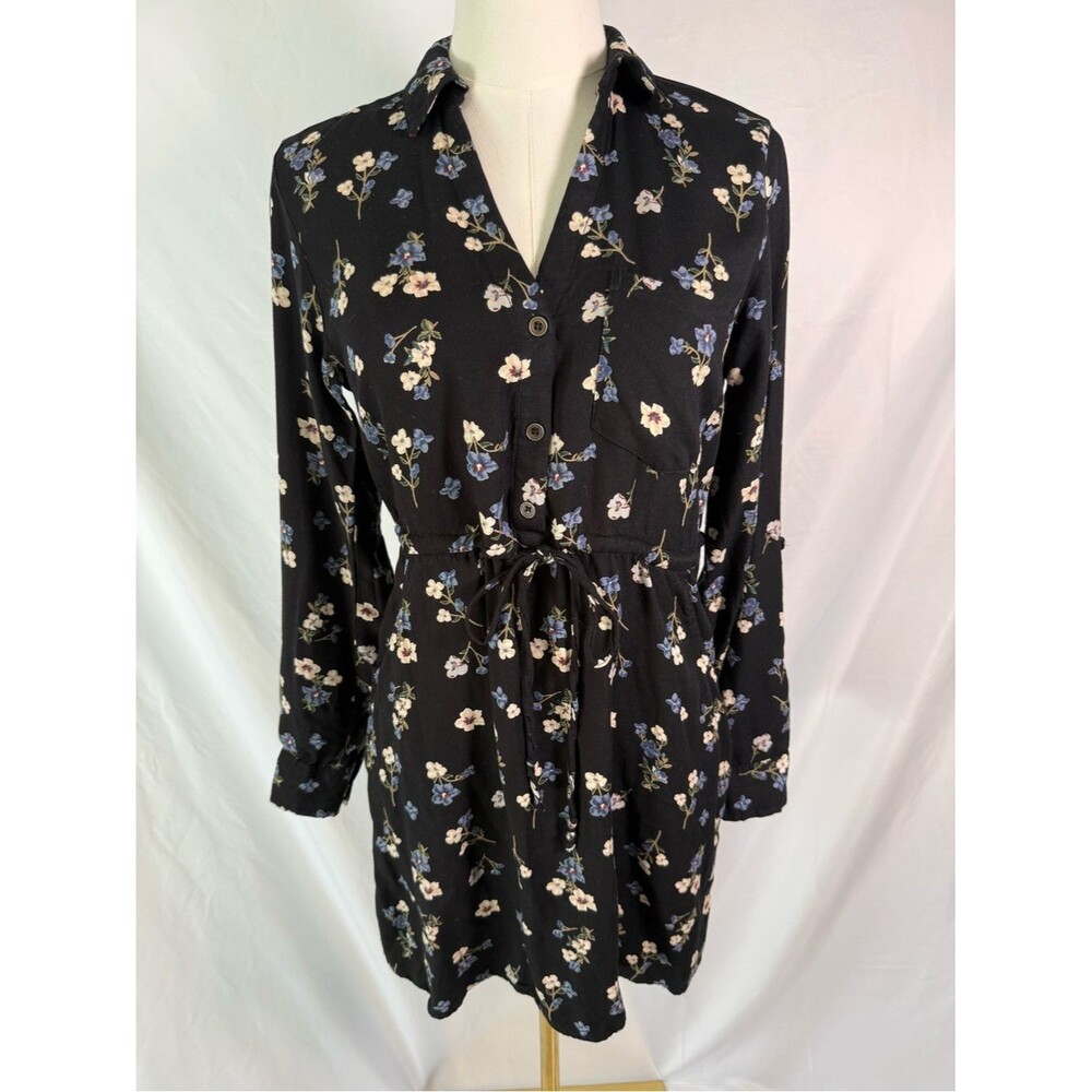 Angie Ditsy Floral Print Buttoned Mini Dress Strappy Cutout Back Small Black